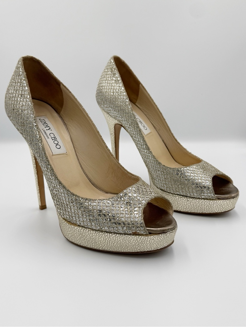 Jimmy Choo Crown Gold Glitter Peep Toe Platform Pumps Heels Metallic EU 39.5